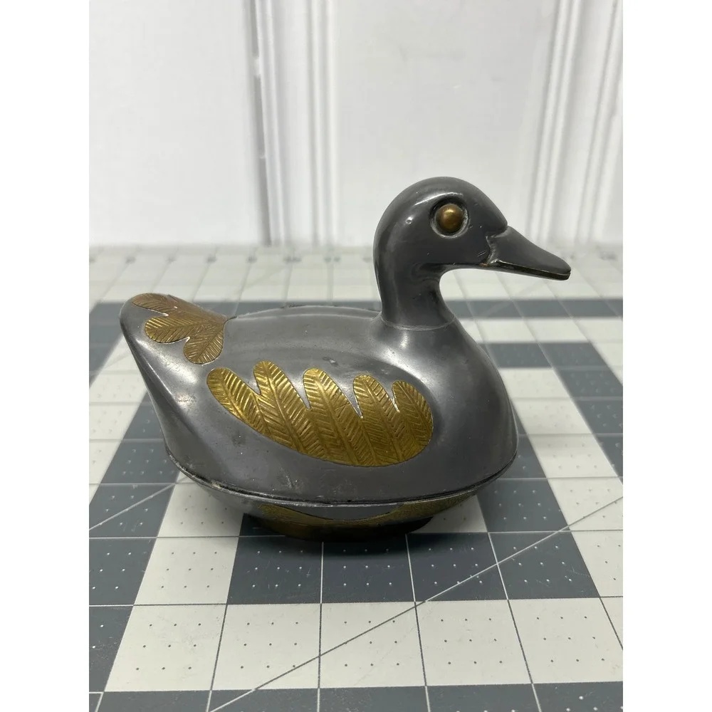 Vintage Pewter Duck Trinket Box Grey Gold Metal Lidded Decorative Dish‎ Hunting